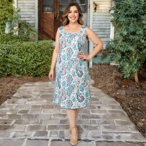 Talbots A-Line Midi Dress Fresco Paisley Sheath Sleeveless Spring Preppy Size 14